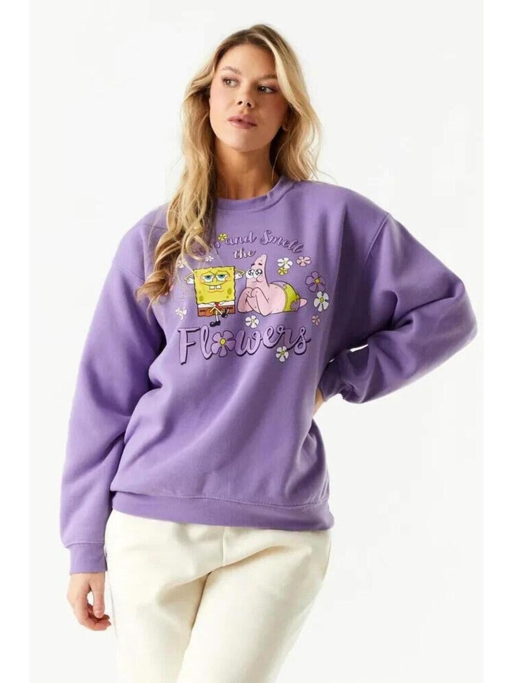 Purple SpongeBob Hoodie SquarePants Patrick Flowers Women’s Large Sweatshirt Top